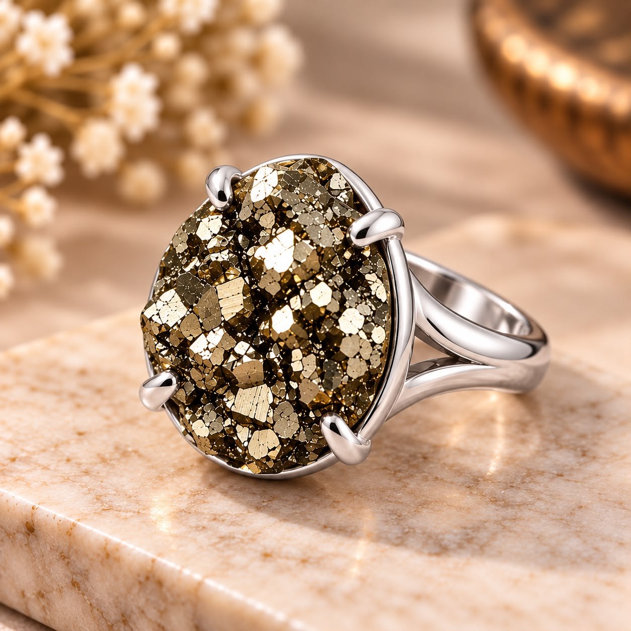 Pyrite Druzy Ring (Silver)